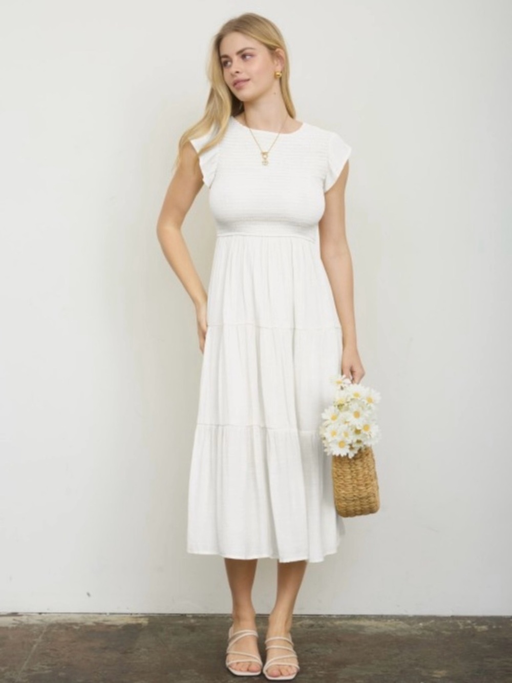 White Tiered Midi Dress - Elegant Everyday Fit